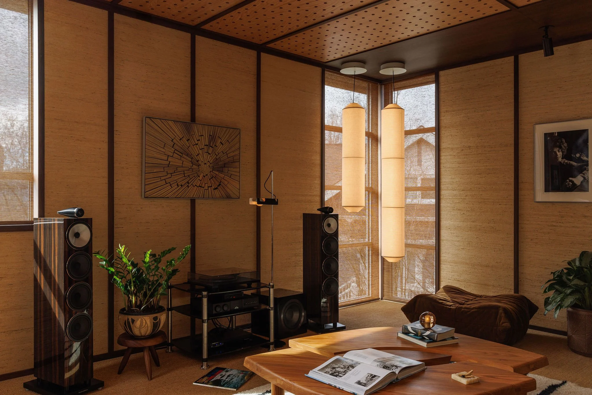 Residential listening lounge with premium sound system and custom interior finishes in Victoria BC by Little Giant