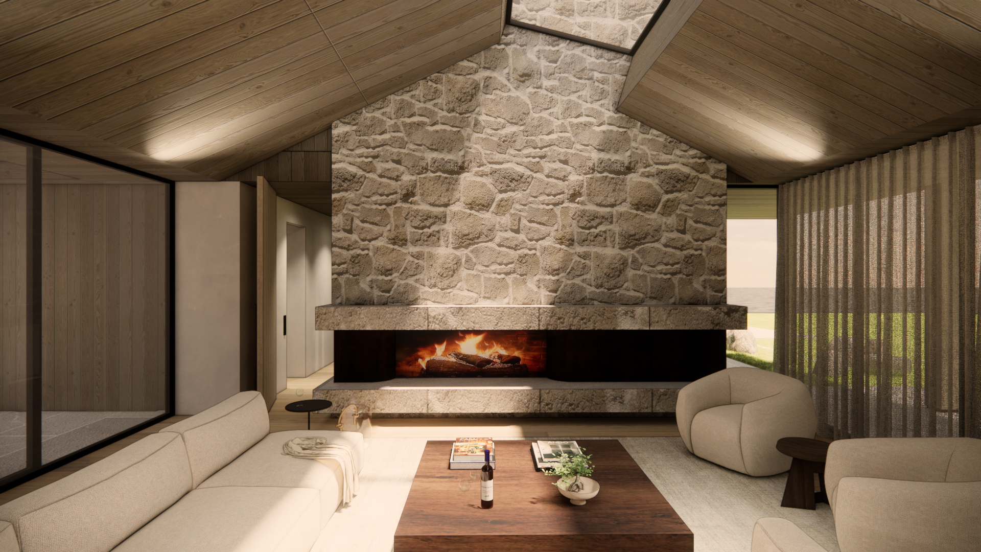 Living room with a stone and brick fireplace, modern beige sofas, a wooden coffee table with a bottle of wine and books, and large windows with sheer curtains showing outdoor greenery. Victoria - Qualicum custom home. Architecture and Interior Design