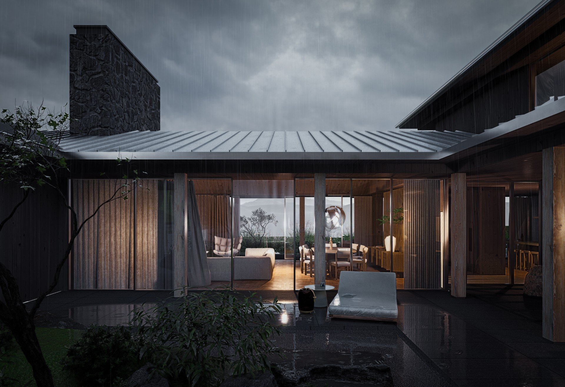 Modern house with large glass windows, wooden interior, and outdoor patio during rain, with dark cloudy sky. Victoria - Qualicum custom home. Architecture and Interior Design.