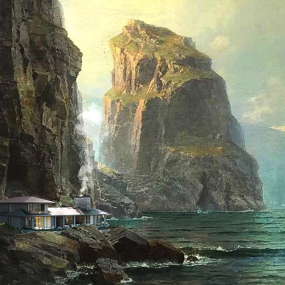 A modern house on rocks by the ocean with large cliffs and mountain formations in the background. Victoria - Qualicum custom home. Architecture and Interior Design.