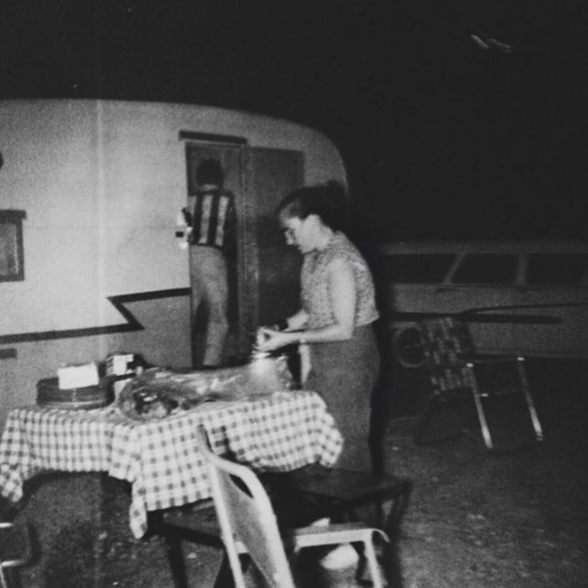 My grandma Peggy, camping in Death Valley...
And the trailer that is named after her 🤍 

My mom with her dad, mom across the table, siblings, and friends on another camping trip...
And a head shot of my mom as a kid...

Then the day my parents hande