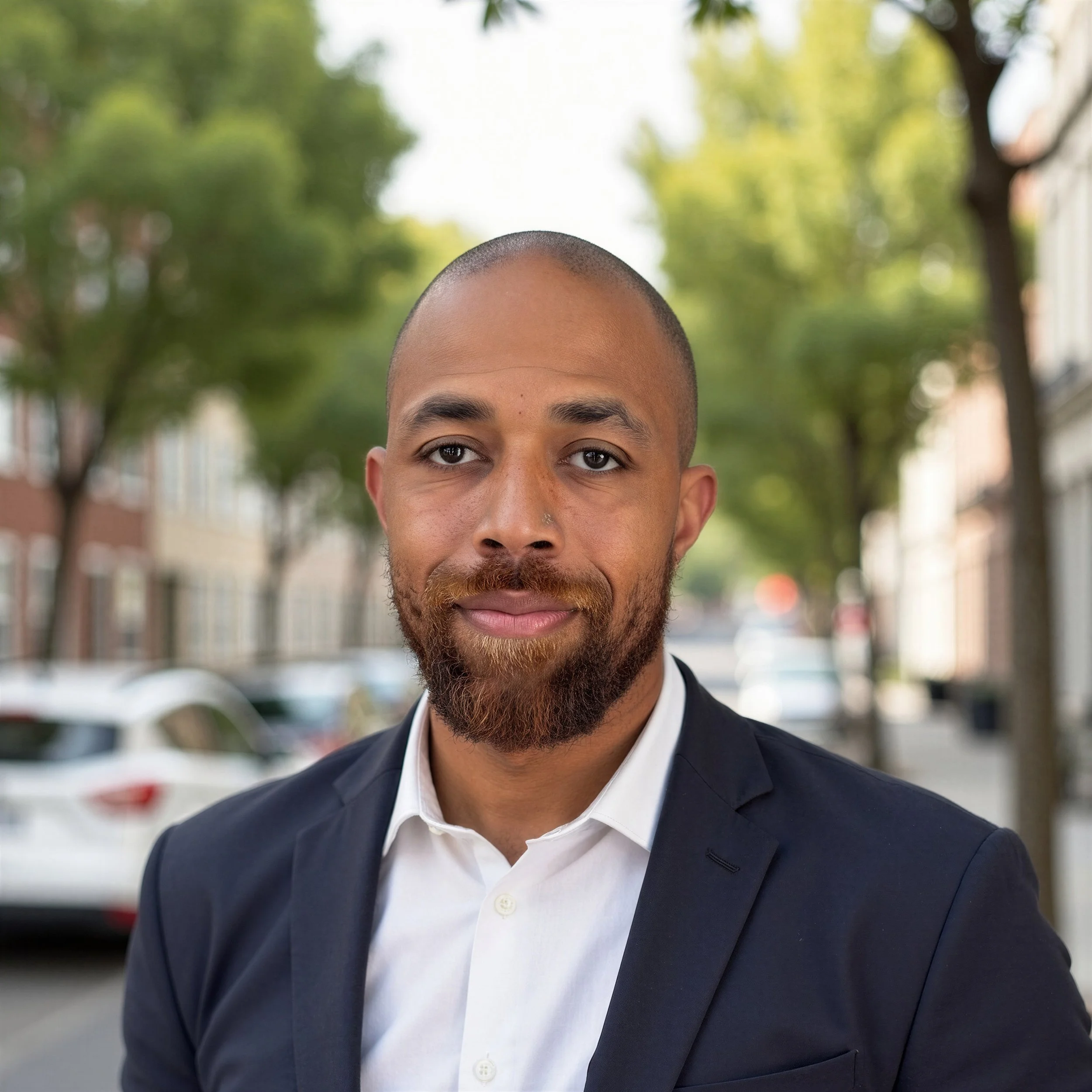 A close-up of a man at the top of a city street, with a blurred background of trees and buildings, wearing a white shirt and a dark suit.
