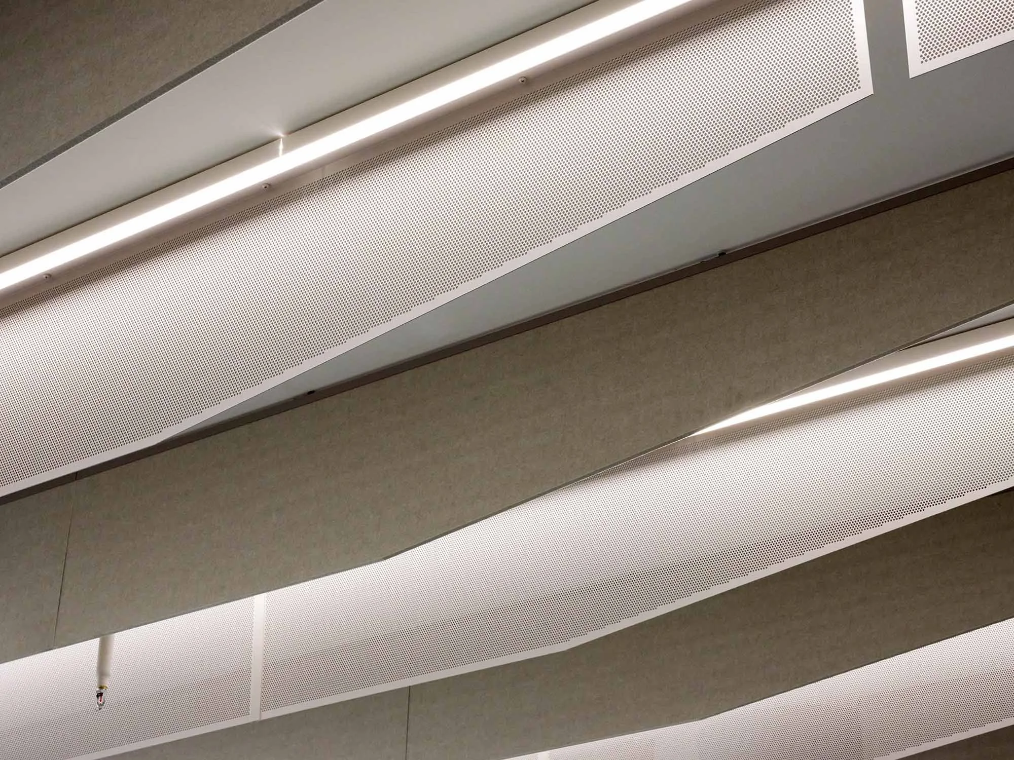 Close-up of perforated metal and acoustic felt ceiling baffles with integrated linear lighting