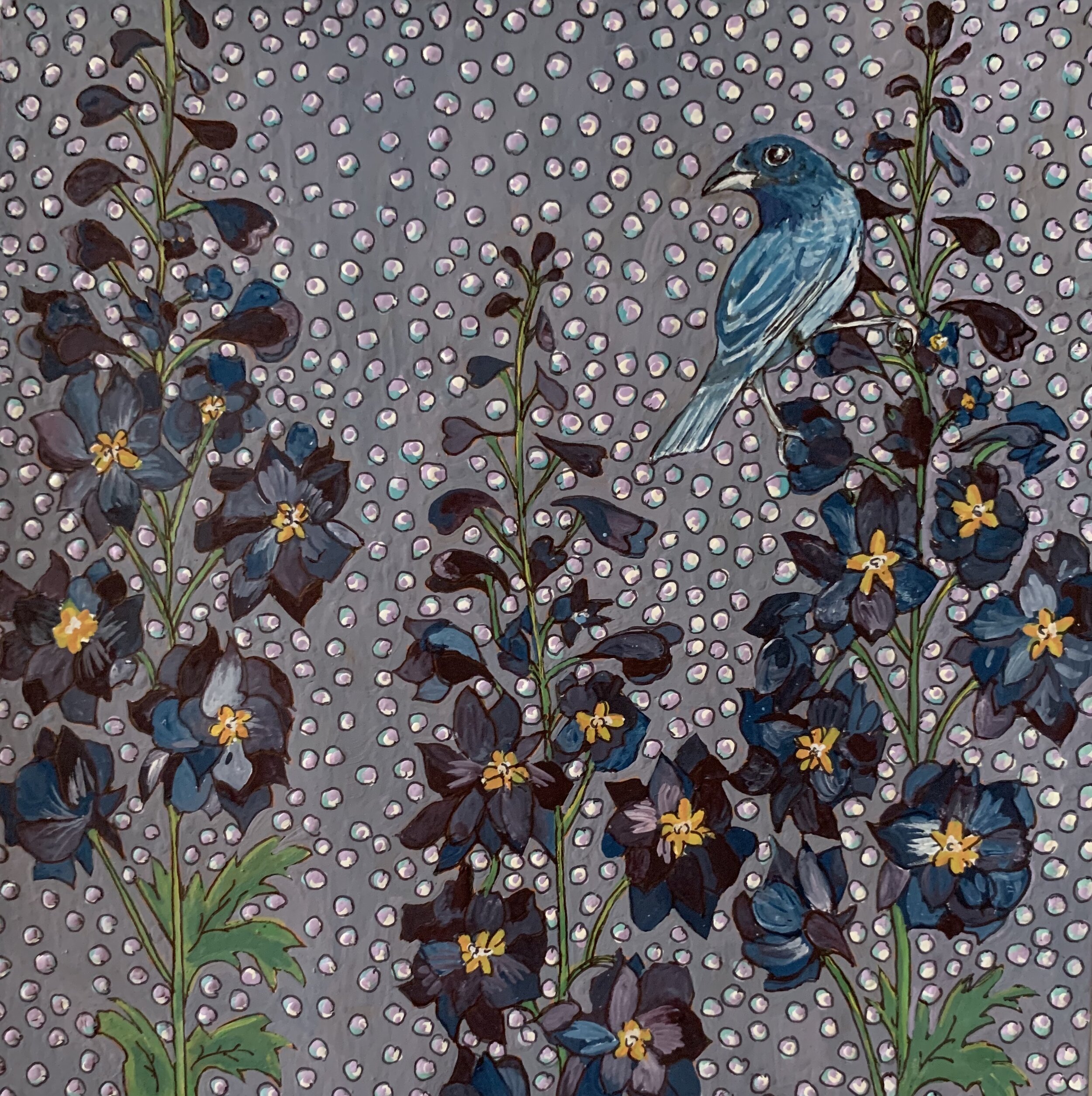 Indigo Bunting and Delphiniums