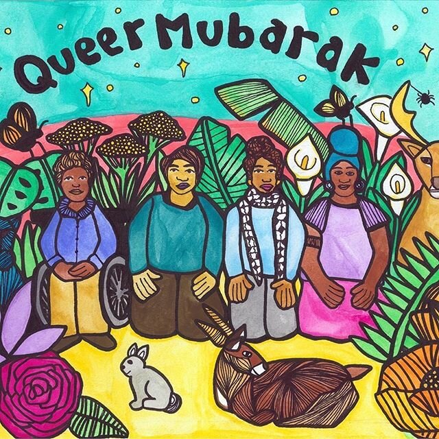 Eid Mubarak!! Although Eid is different this year, and many of us are grieving, we wish you all a beautiful day and hope you get to spend your Eid (whether you’re celebrating today or tomorrow) by relaxing + nourish yourself with good food. Queer Mubarak! 🌱Look at this beautiful artwork made by @girasoulll made for @queercrescent 😍❣️✨#eidmubarak