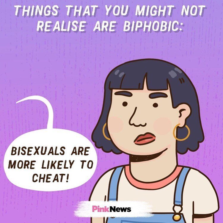 (Repost from @pink_news)
Biphobia isn't always obvious &ndash; it can be subtle or hard to spot at times, especially if it's phrased as an 'innocent' question. But it's crucial that we call out biphobia whenever we see it, most importantly when harmful stereotypes and stigmas are being promoted. 💖💜💙 Which bisexual stereotypes do you dislike the most 👇
&bull;
&bull;
&bull;
&bull;
&bull;

#LGBTMemes&nbsp;#BiMemes #BisexualMemes