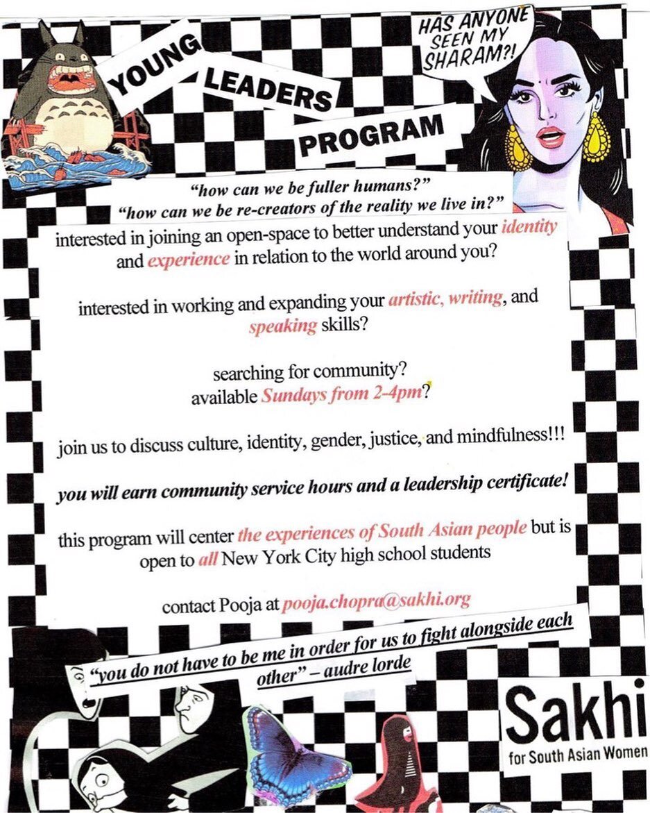 (Repost from @sakhi.ylp) ✨COMMUNITY EVENT SPOTLIGHT✨ Although we are on hiatus, we will be reposting flyers and promoting events organized by our communities! We urge queer high schoolers to apply to this wonderful program organized by @lolasunrise111 @sakhinyc 🌱

Hello everyone! Sakhi is launching a semester-long Young Leaders Program for the Fall of 2020! This program will be a space for South Asian public high school youth to find mentorship, exercise their creativity, and think critically about the world around them, Sakhi is launching a semester-long Young Leaders Program. 
Students who participate will earn community service hours and a leadership certificate. If you&rsquo;re a NYC public high school student and are interested in pushing your creative self, please contact Pooja at pooja.chopra@sakhi.org. 

DEADLINE OCTOBER 3RD!!!! 

#southasian #youth #nyc #poetry #art #healing #socialjustice