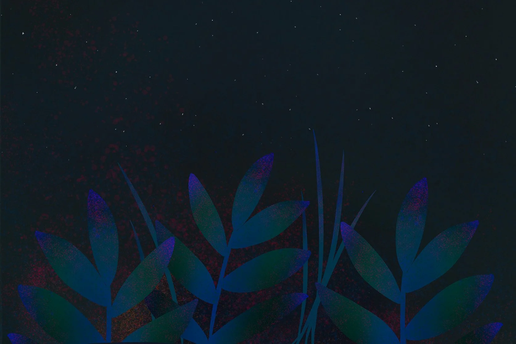 Silhouette of leaves illuminated with blue and purple neon lighting against a dark background with small white specks resembling stars.