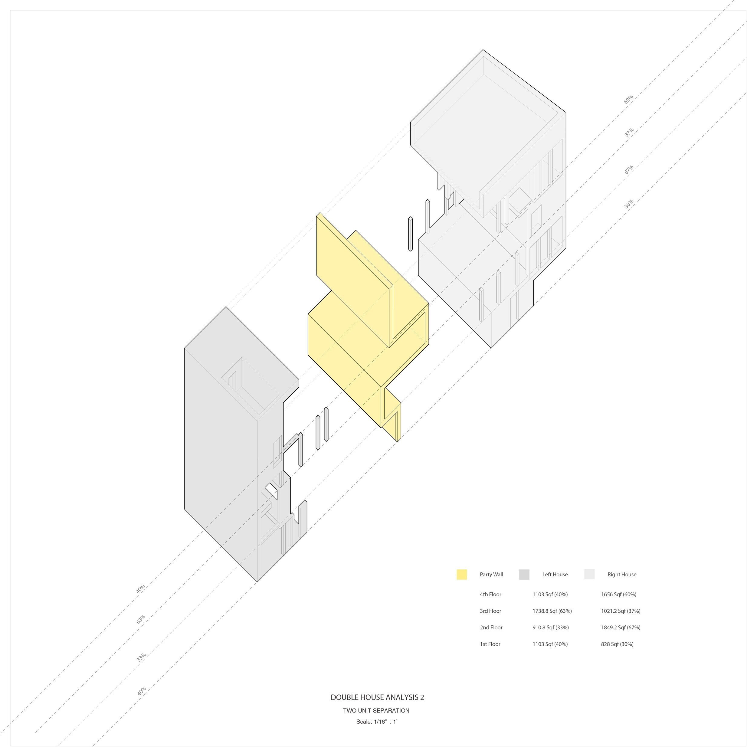 Analyze the interlocking of the two units, seperated by the party wall