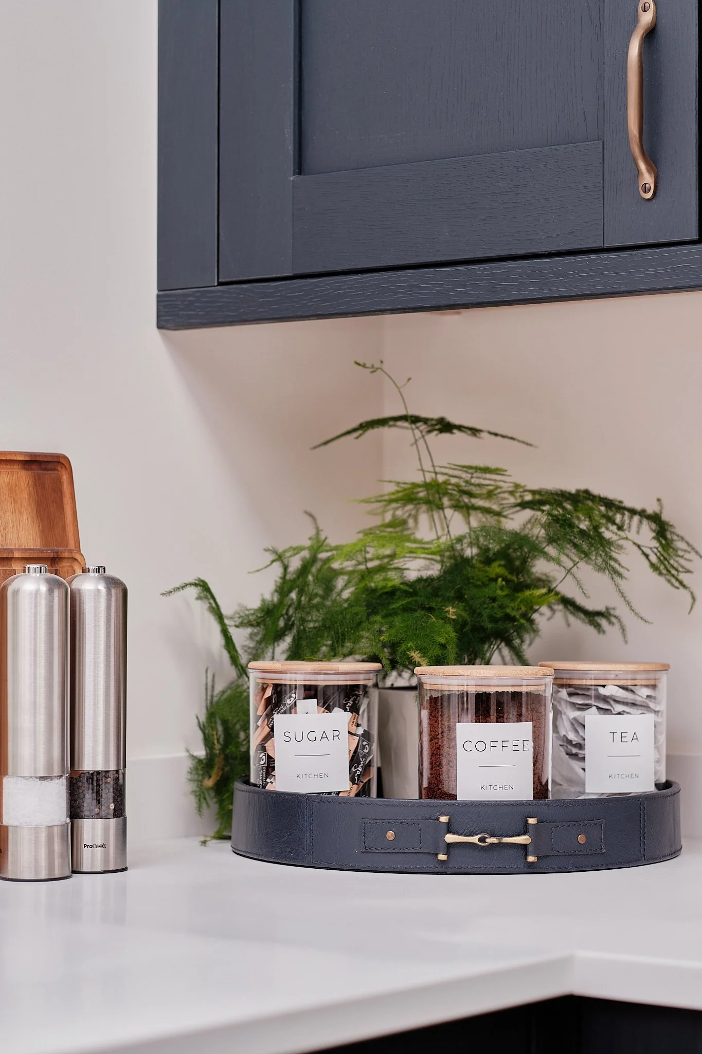 Kitchen countertop with labeled jars of sugar, coffee, and tea on a round tray, with a green plant behind them and a dark blue cabinet above.