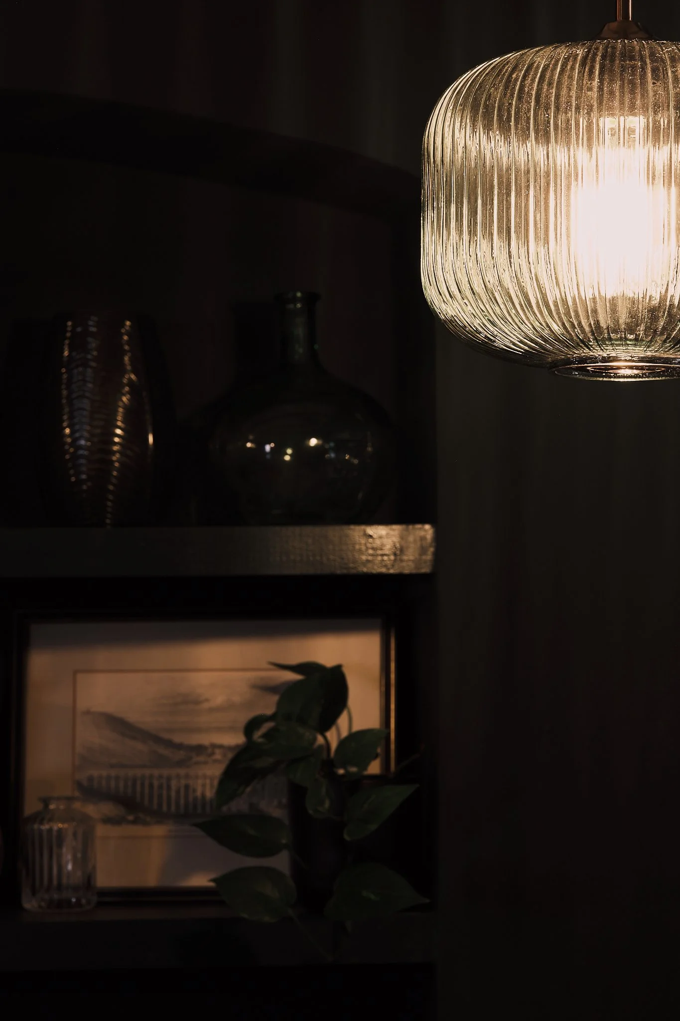 A dark room with a hanging glass light fixture, a framed black-and-white photograph, a green plant, and glass vases on a shelf.