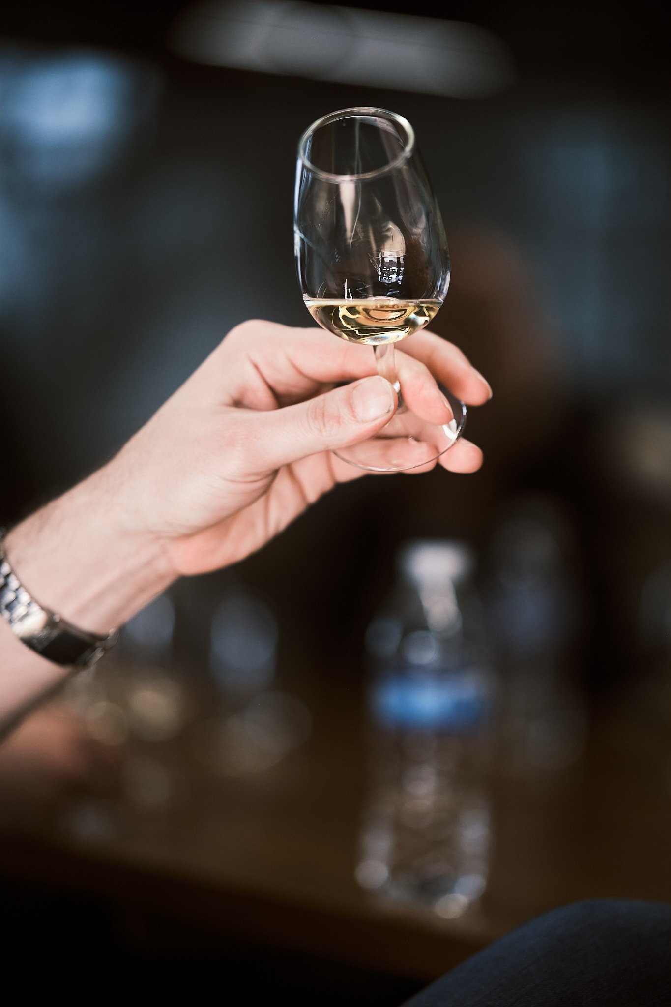 A person holding a glass of white wine.