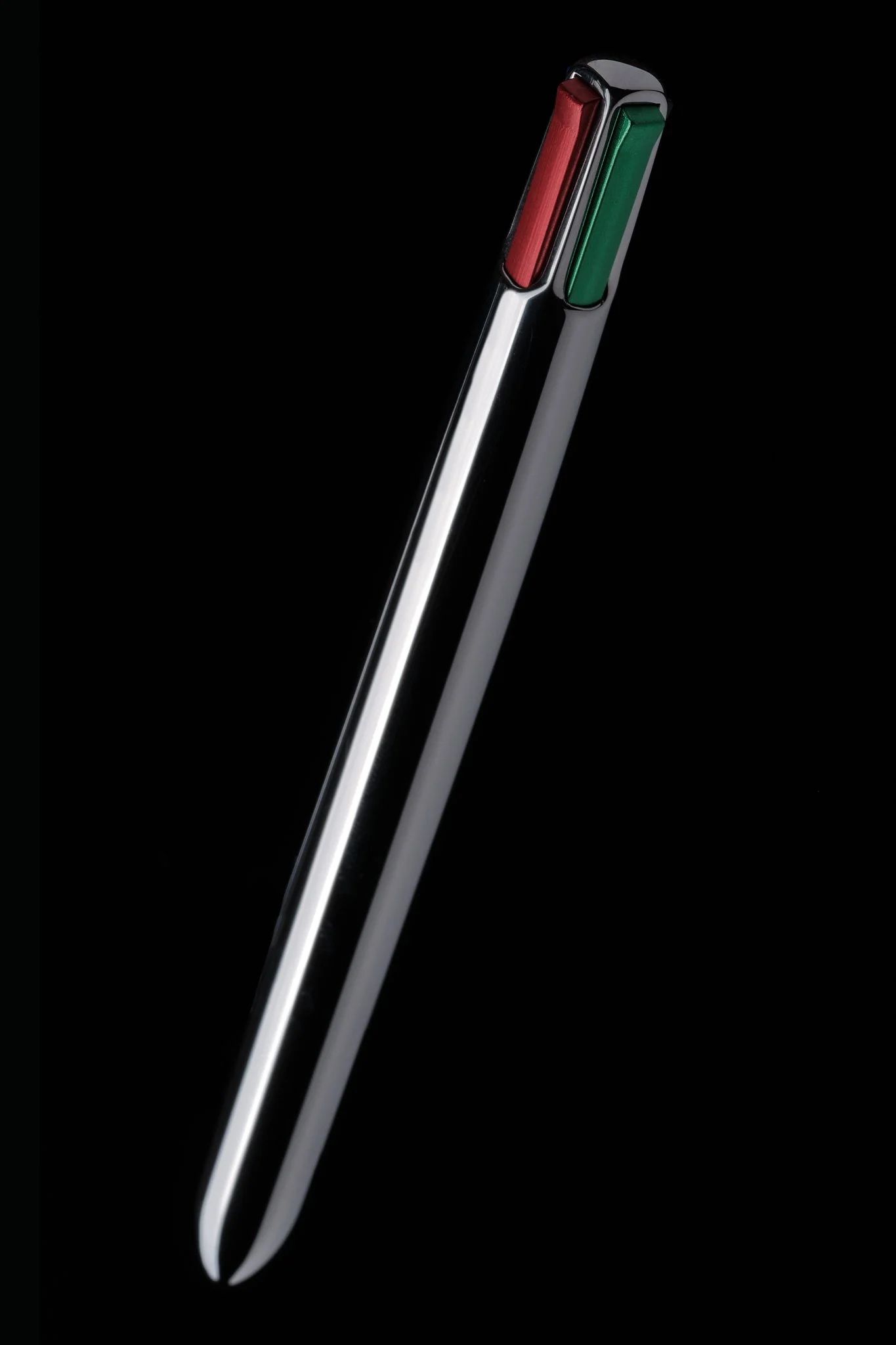 A sleek metallic pen with red and green ink windows on a black background.