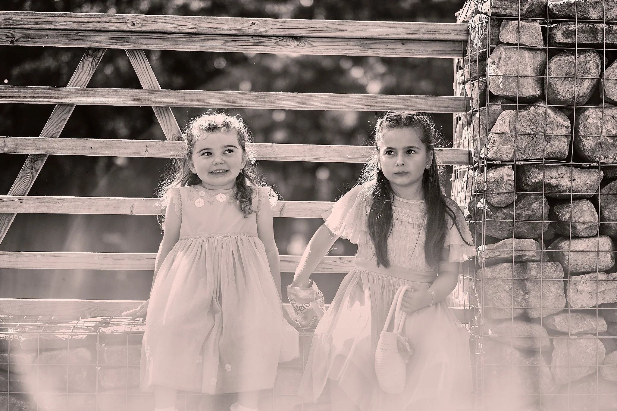 Two young girls with curly and straight hair standing behind a wooden fence and stone pillar, holding hands, with blurred background.