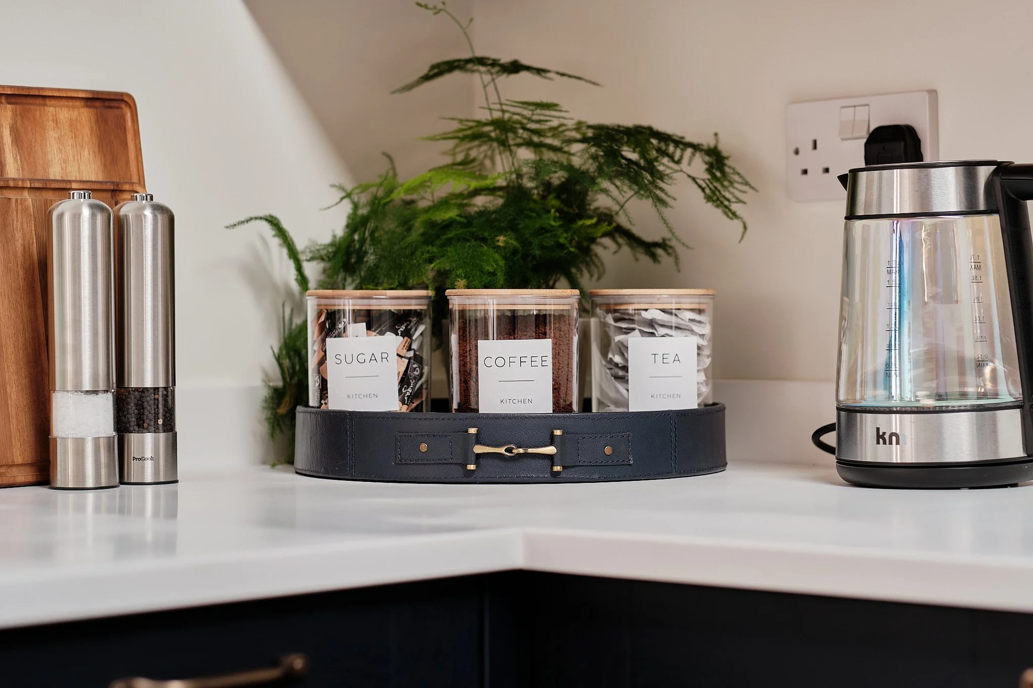 Kitchen countertop with containers labeled sugar, coffee, and tea, a tea plant in the background, salt and pepper shakers on the left, and an electric kettle on the right.