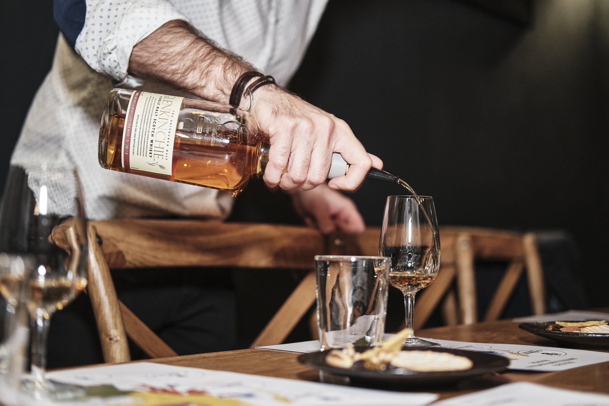 Person pouring whiskey into a glass at a table with plates and drinks.