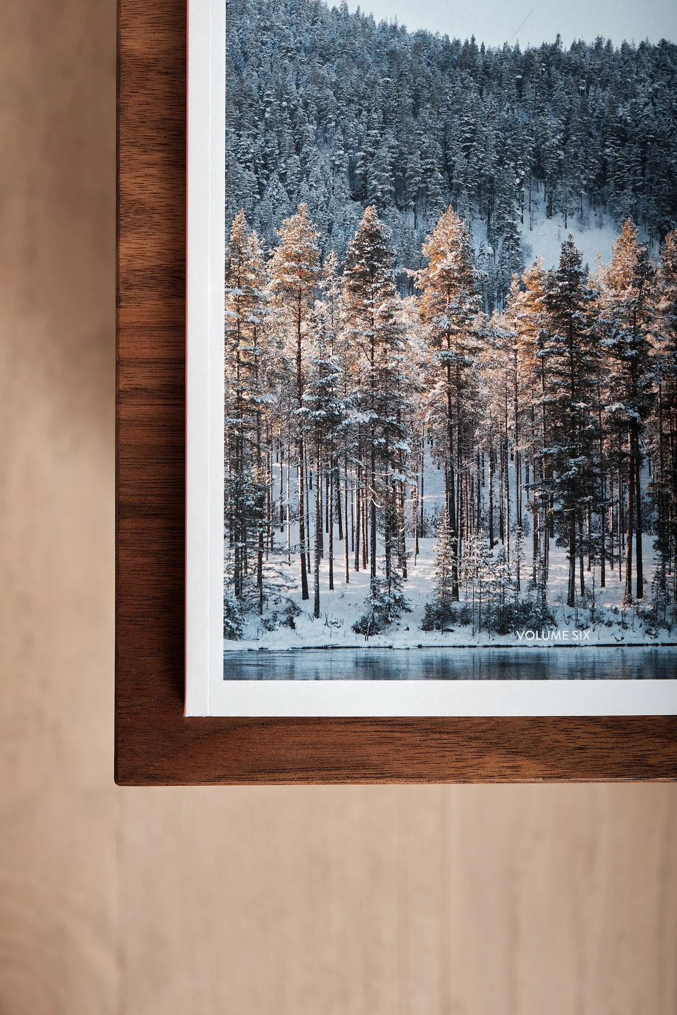 Close-up of a framed winter landscape photograph showing snow-covered trees and mountains, with the text "VOLUME SIX" visible in the bottom right corner.