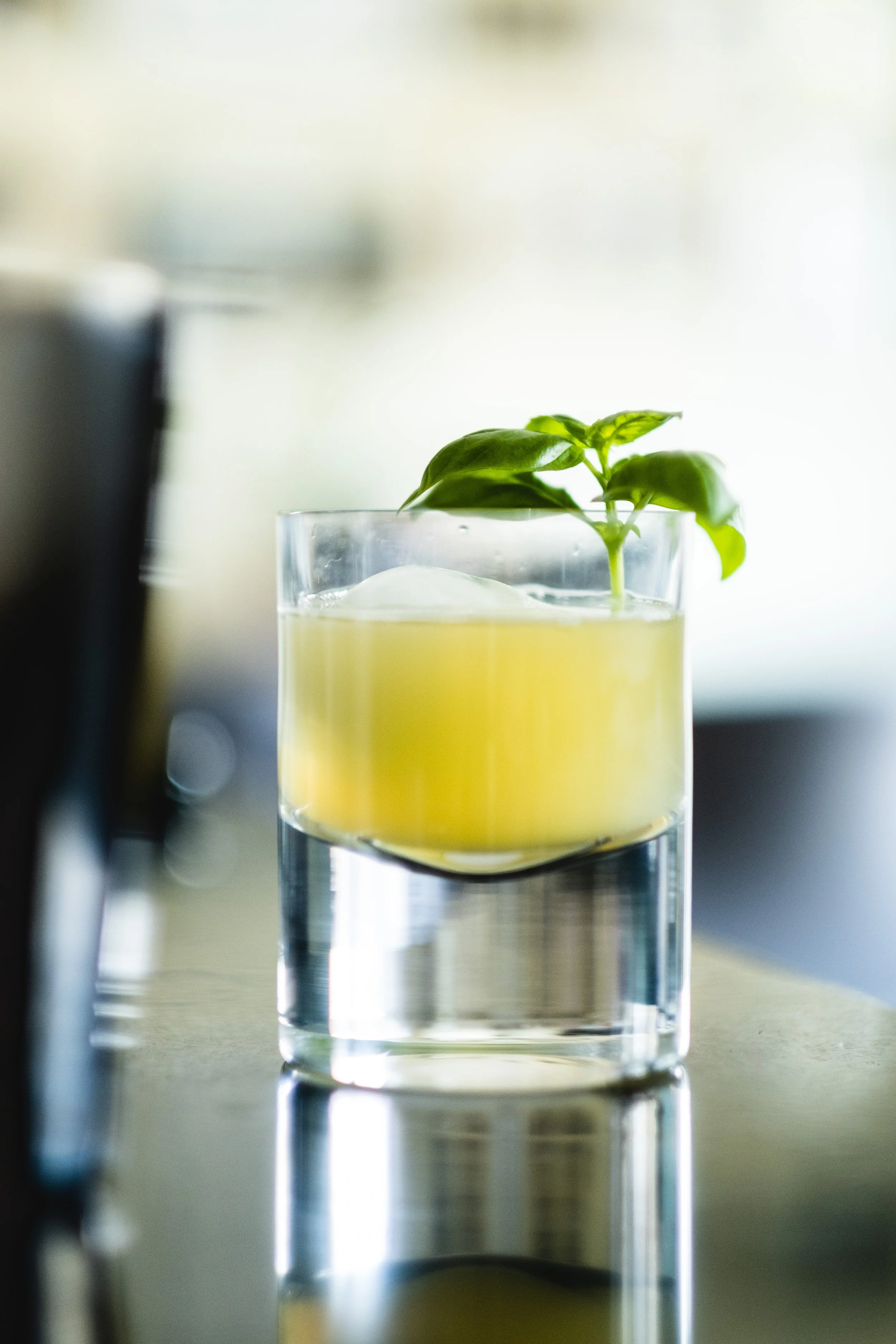 A glass of water with a slice of lemon and a sprig of basil on top.