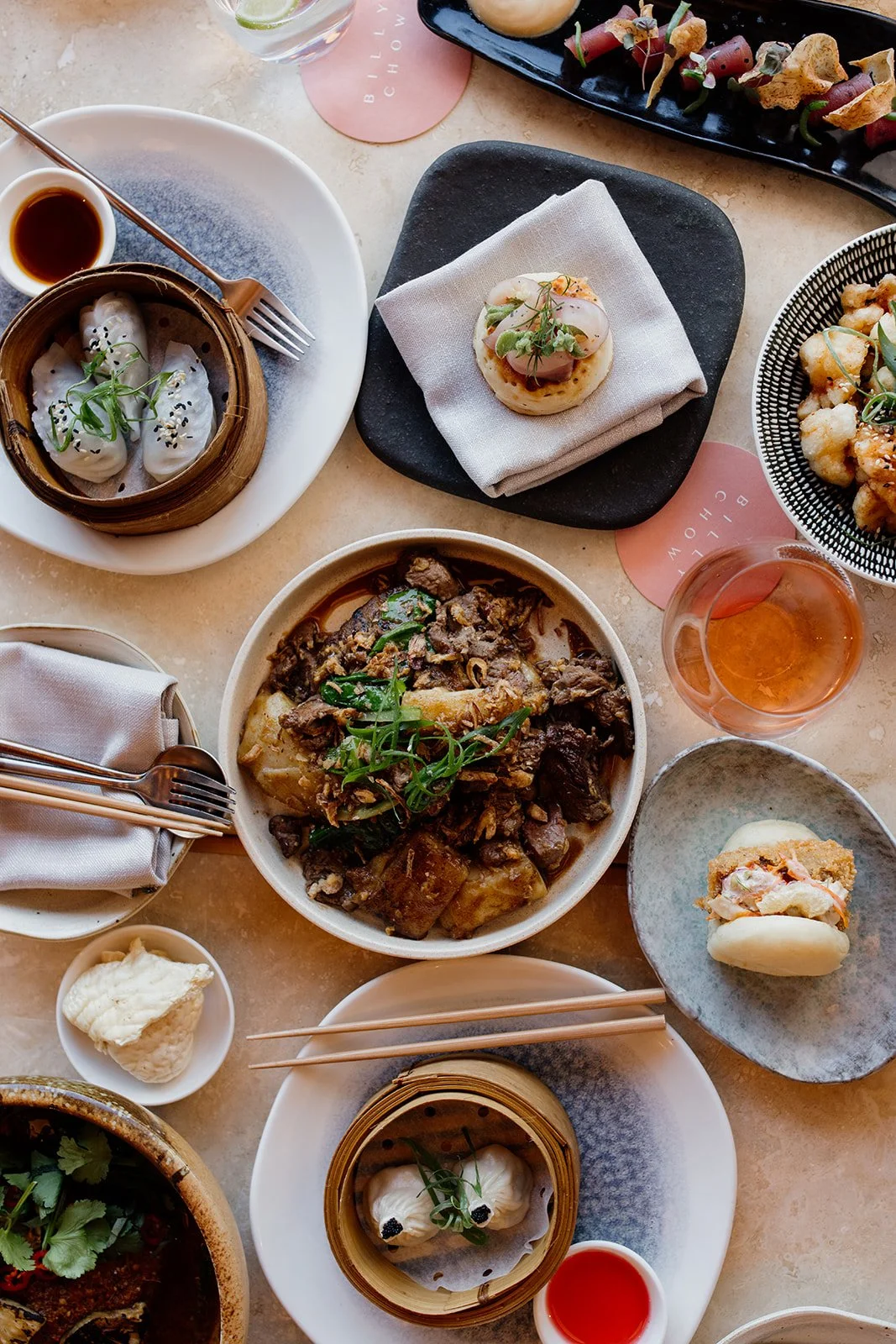 Gold Coast restaurant photographer captures table of meals at Gold Coast lifestyle restaurant shoot.