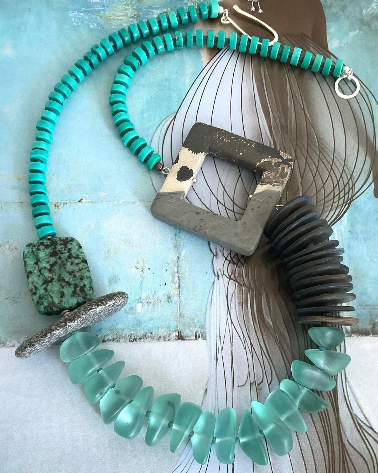 Green seaglass pebble necklace #seaglass #necklace #jasper #turquoise #shell #semiprecious #contemporary #statementpiece #smallbusiness