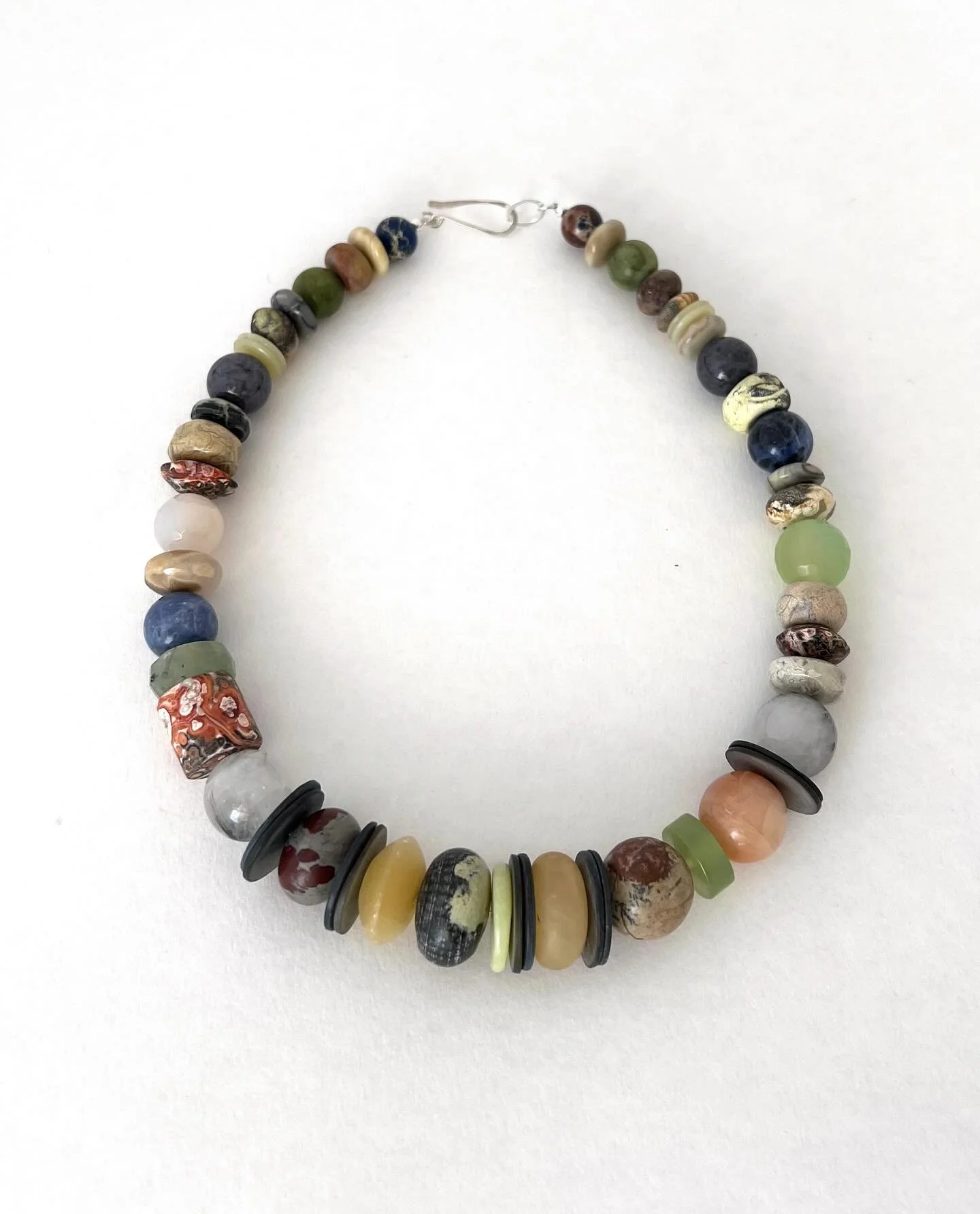 A lovely statement necklace using many different stones (agates, jaspers, onyx, shell, jade, yellow turquoise, dumortierite, sodalite etc) now on my website  https://melissajamesjewellery.com/shop-oZIoH/p/mixed-big-stone-necklace-iii #semiprecious #n