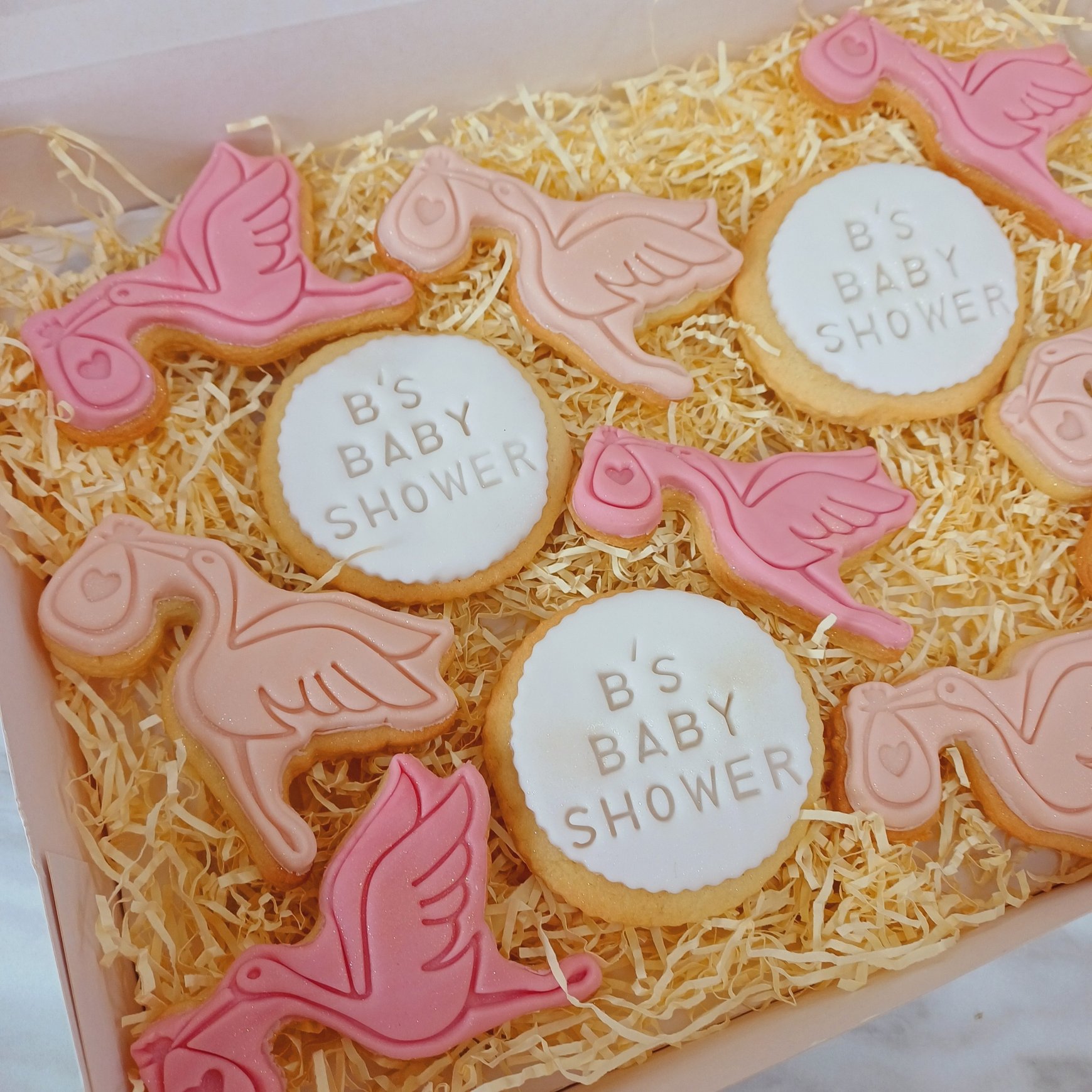 A delightful set of baby shower sugar cookies in soft pink and nude tones, beautifully crafted for a special occasion. The fondant-topped cookies are embossed with intricate designs, featuring a charming stork carrying a baby and round cookies person