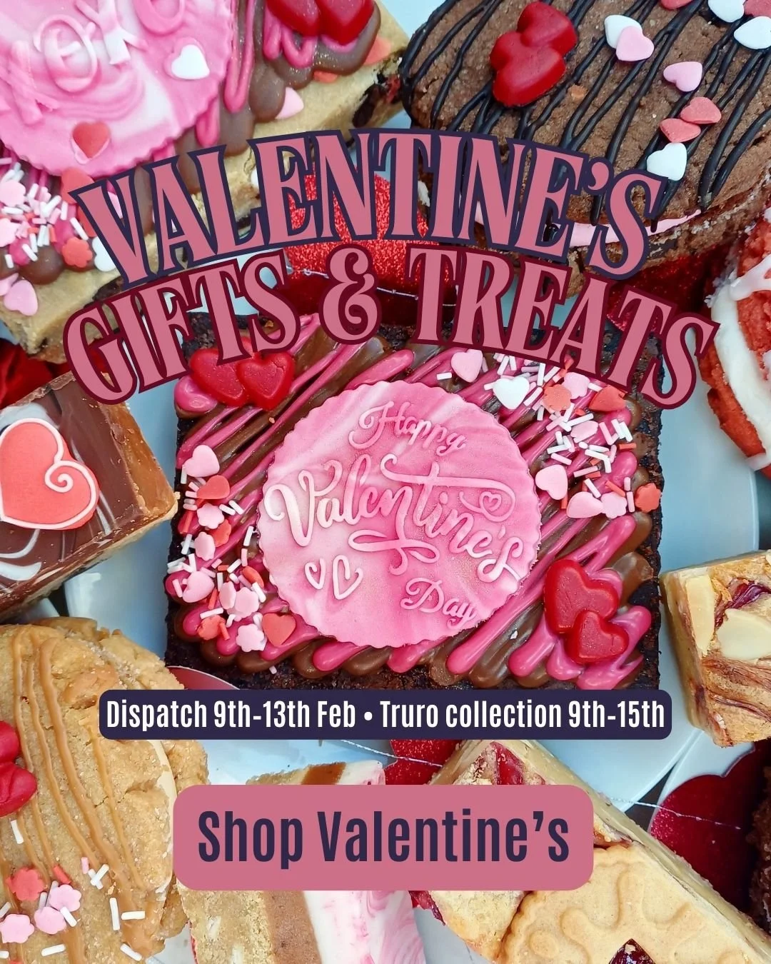 Cookie Queen Valentine’s limited edition treats — cookie sandwiches, brownies, blondies and Love Letter slices, available for UK delivery (Royal Mail Tracked 24) or Truro collection.