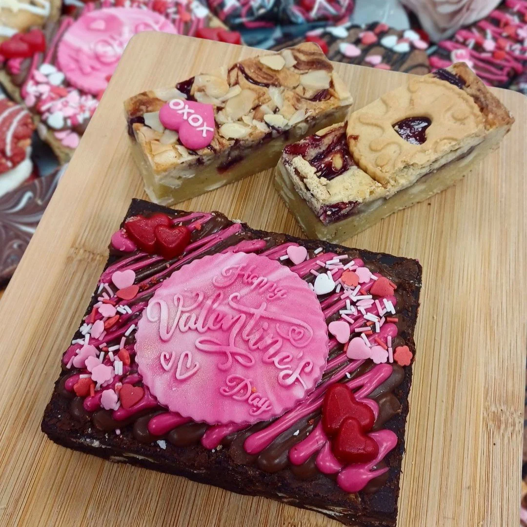 Valentine’s Treat Box: Love Letter Brownie Slice + Jammie Dodger & Raspberry Bakewell Blondies (Limited Edition)