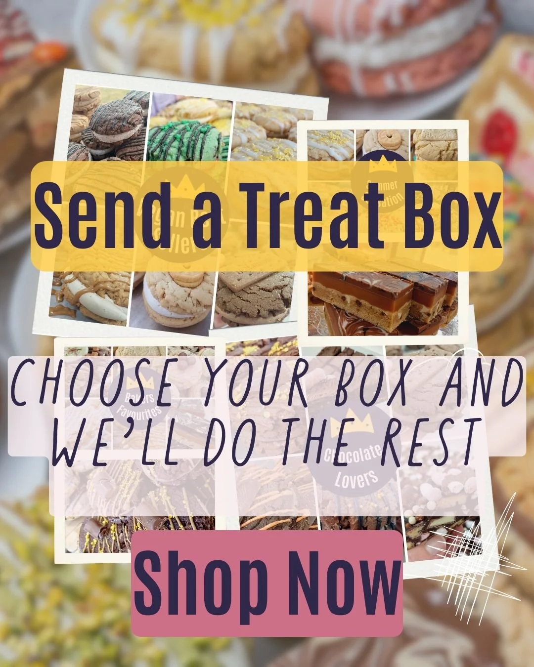Cookie Queen set treat boxes — pre-picked favourites of NYC-style cookie sandwiches and traybakes, available for UK nationwide delivery or Truro collection.