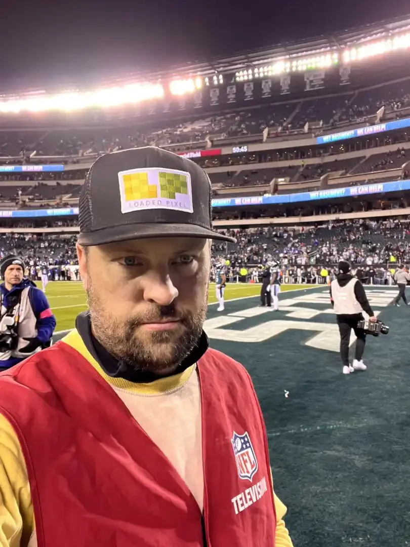 Bobby Reed from Loaded Pixel working NFL game in endzone of Lincoln Financial Field