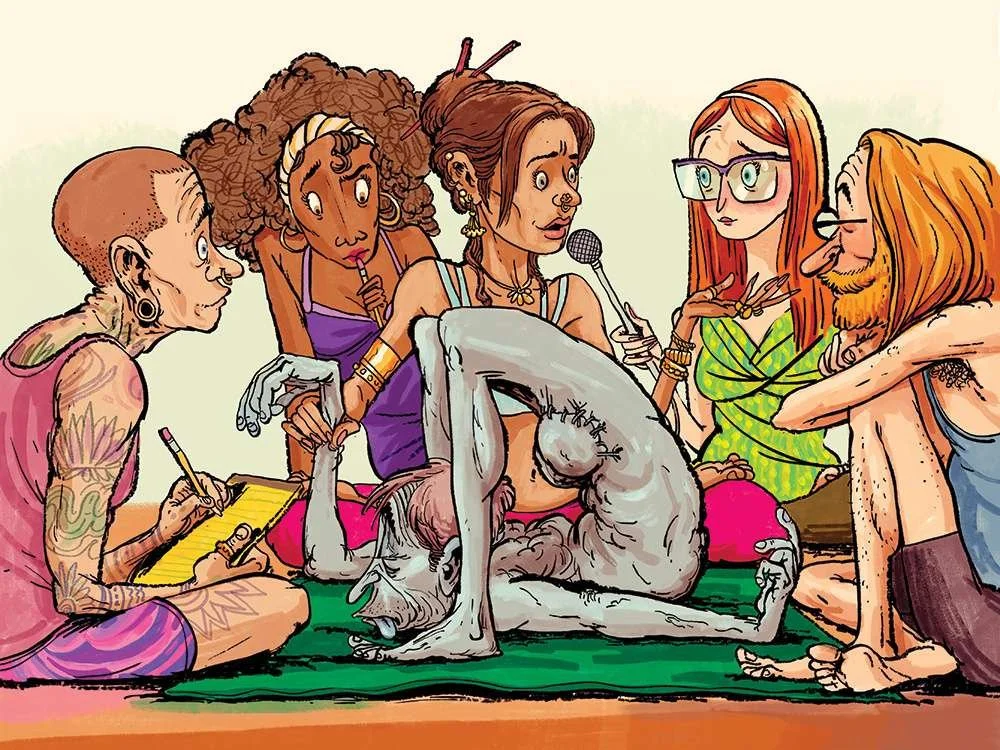an illustration of a cadaver being posed in a yoga position by a group of living humans dressed in yoga gear