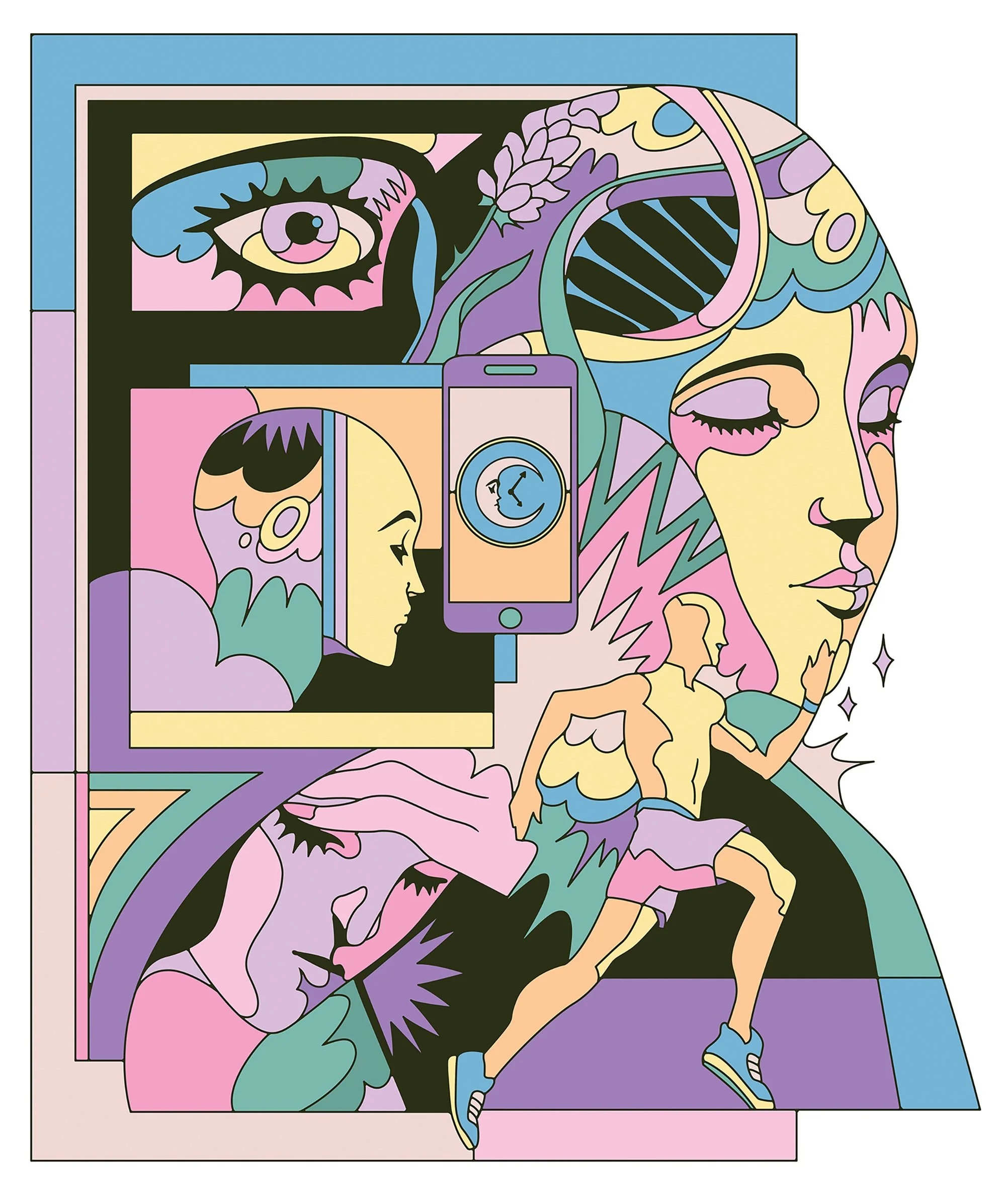 an artistic illustration showing several human bodies in motion, in colorful abstract shapes