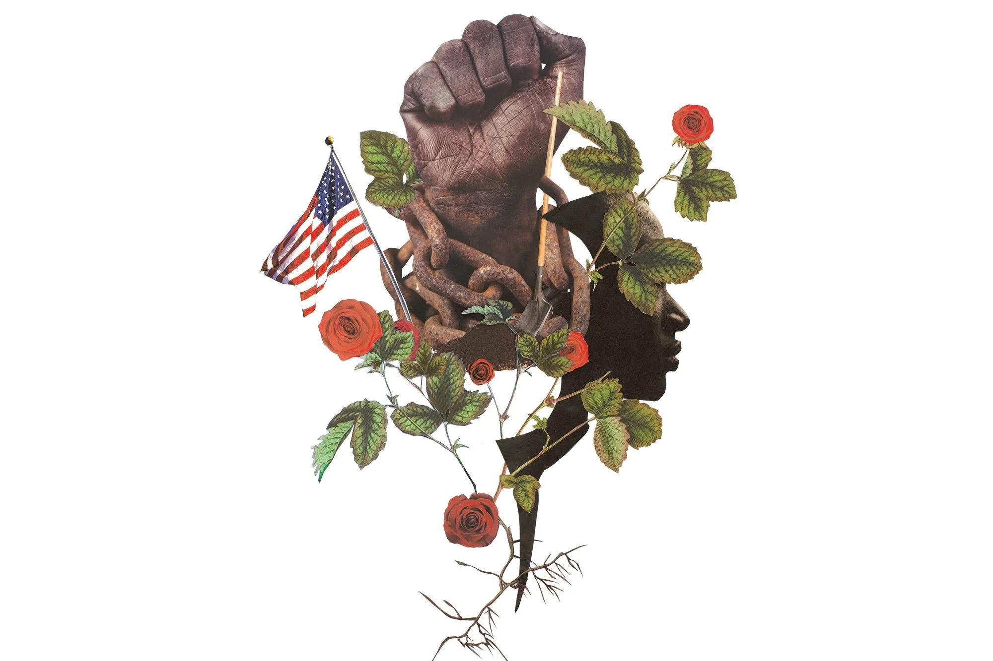 a collage shows a dark brown first raised in power, surrounded by red flowers and next to an American flag