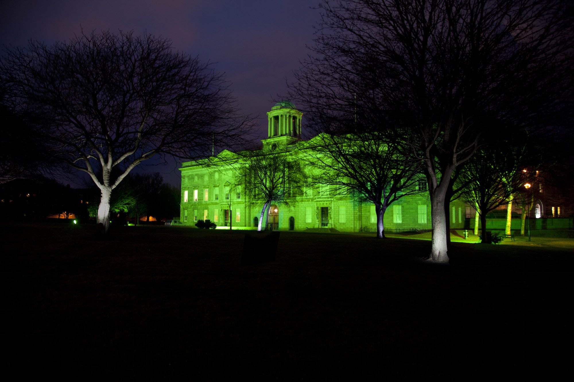 A historic building illuminated with green lights at night, with leafless trees in the foreground and a dark purple sky in the background.