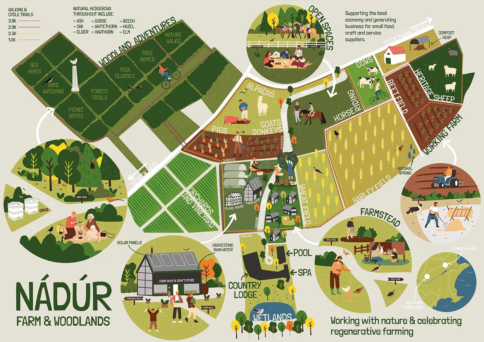 Map of Nádúr Farm & Woodlands, illustrating various outdoor activities, farming areas, forests, and woodland adventures with locations for bird watching, yoga classes, nature walks, animal paddocks, and farm facilities.