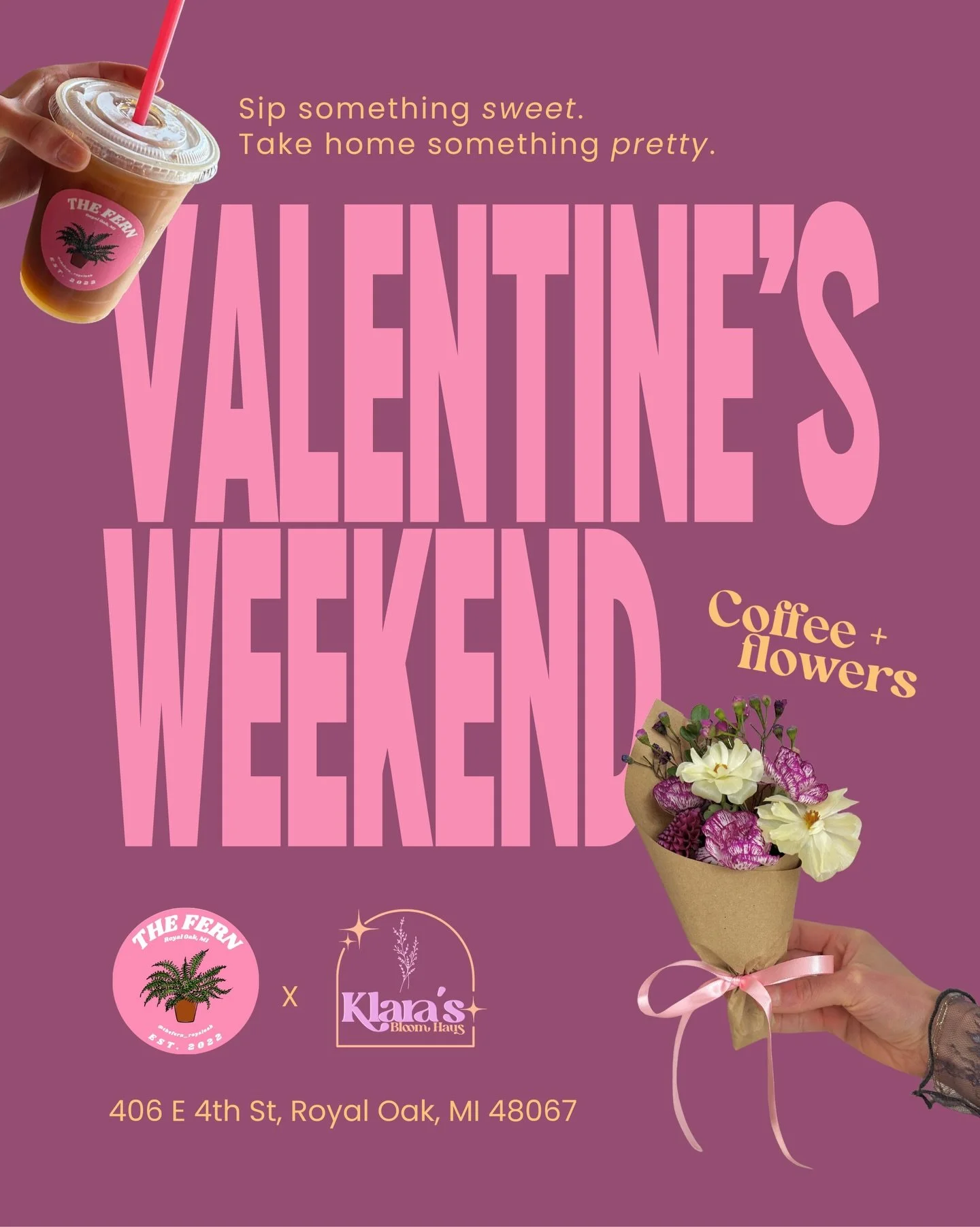 @klarasbloomhaus 🤝 @thefern_royaloak 

Valentine&rsquo;s weekend just got a whole lot prettier in Royal Oak. 🍵💐☕️💖

💕 FRIDAY&ndash;SUNDAY (2/13&ndash;2/15)
We&rsquo;re filling @thefern_royaloak with grab-and-go Valentine&rsquo;s bouquets in asso