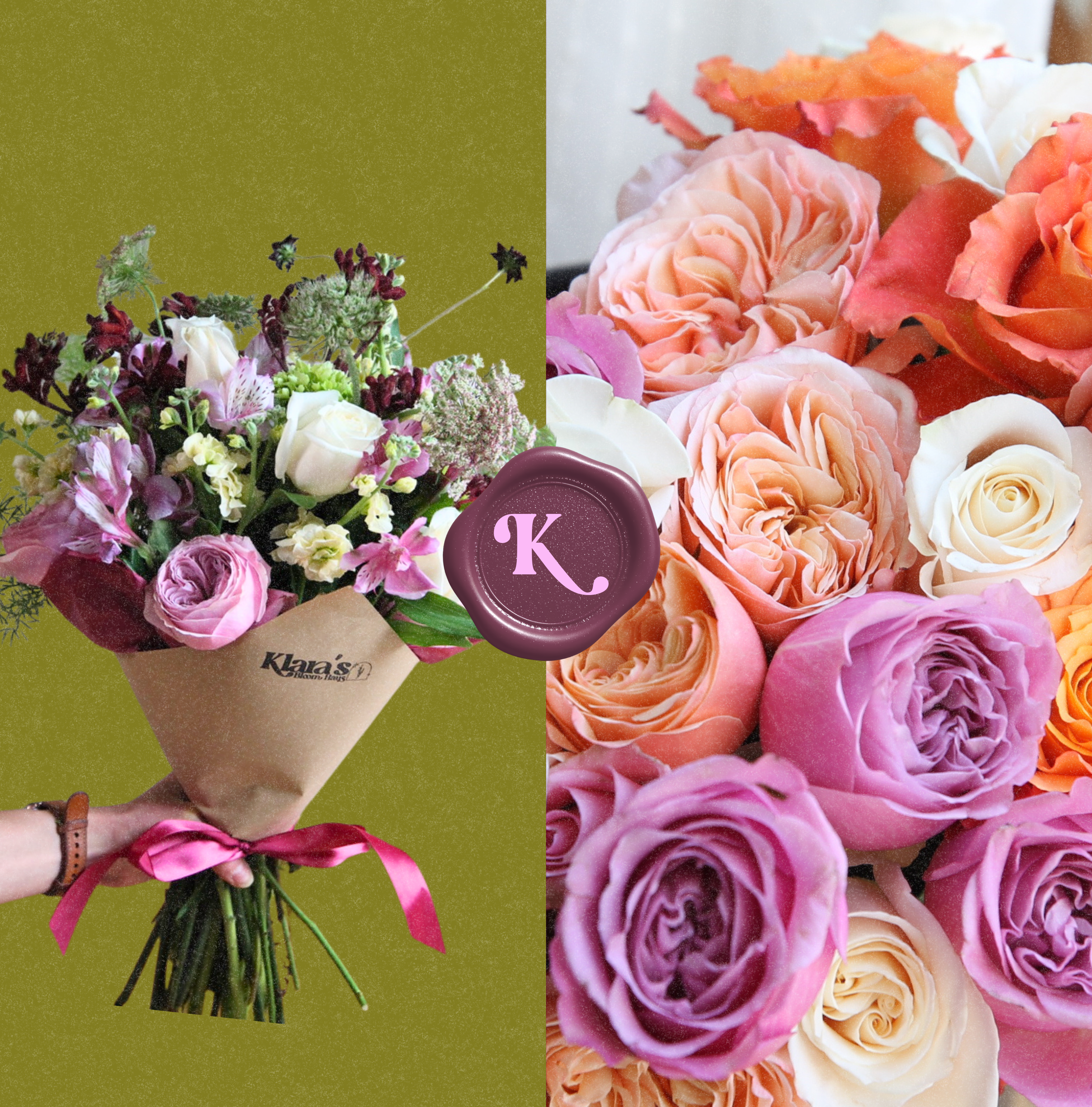 Hand tied bouquet with pink roses, purple spray roses, white stock, alstroemeria, wax flowers, and carnations wrapped in kraft paper. Colorful garden style bouquet designed by Metro Detroit florist Klara’s Bloom Haus.