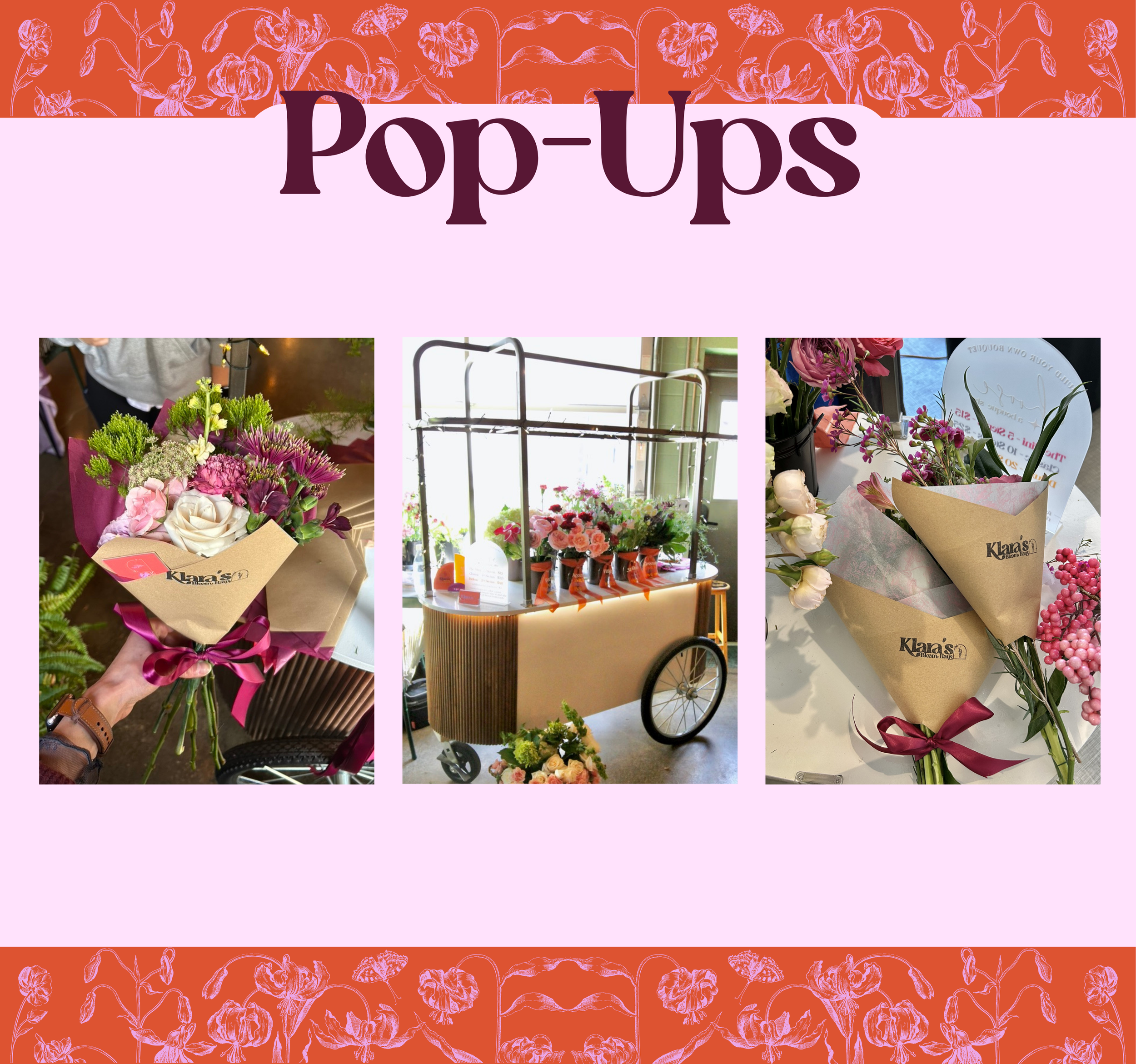 Hand tied bouquet of roses, alstroemeria, and mixed seasonal flowers wrapped in kraft paper with ribbon. Custom bouquet design created by Metro Detroit florist Klara’s Bloom Haus.