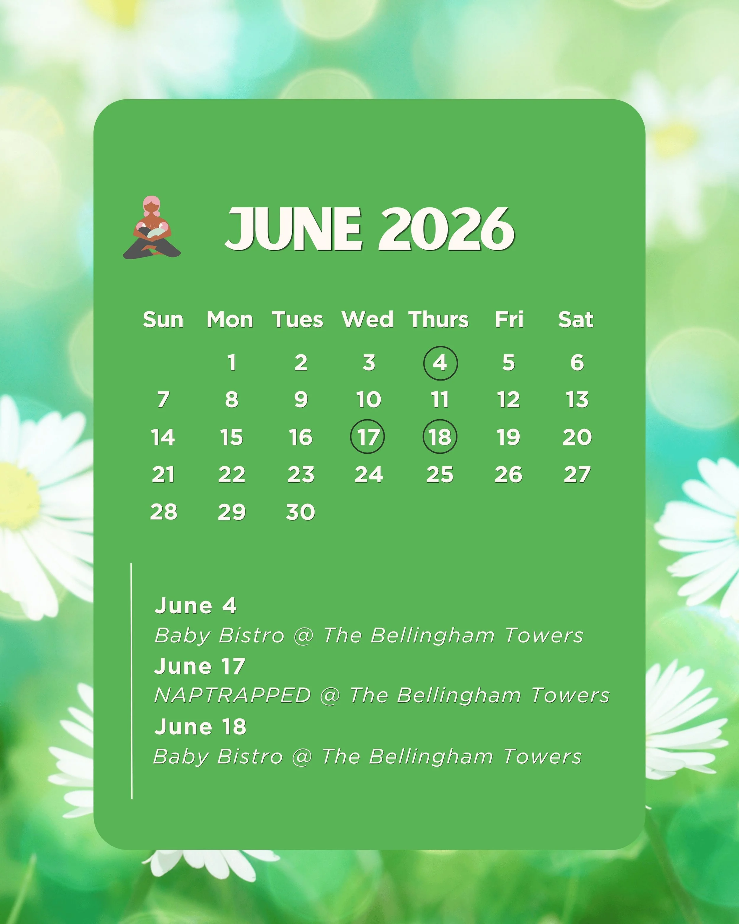 📆June Calendar

We&rsquo;ve moved upstairs. Join us in suite 860!!

🪴 6/4 Baby Bistro Drop in from 10a-12p with @thelatchmakerbham 
🪴 6/17 NAPTRAPPED at 12-1:30p with @essential.lactation &amp; @onwardlove.carecollective 
🪴 6/18 Baby Bistro Drop 