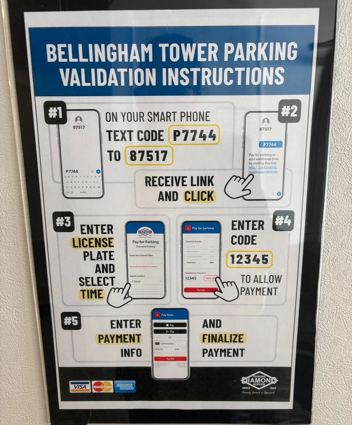 Instructions for parking validation at Bellingham Tower, including steps for text code, receiving link, entering license plate and time, entering payment info, and finalizing payment, with images of smartphone screens and icons for payment methods.