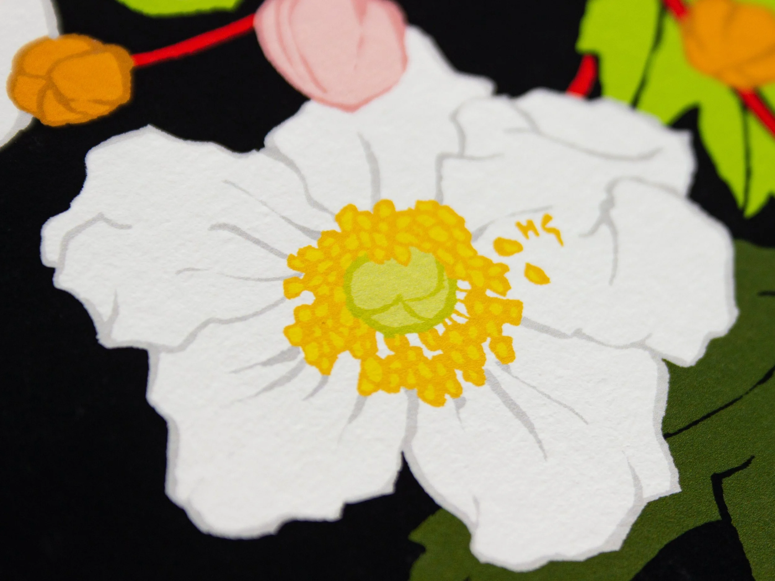 Flower art print of a Japanese Anemone in white on black by Ephemie. Created from original, hand-painted flower artwork. Close-up detail of flower print and texture of cotton paper.
