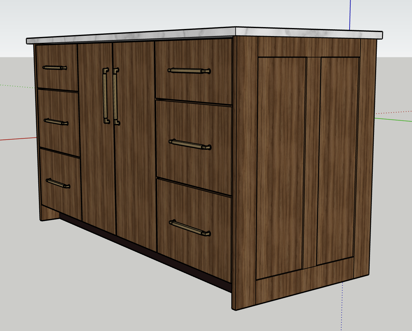 3D rendering of a wooden cabinet with multiple drawers and doors, topped with a marble countertop.