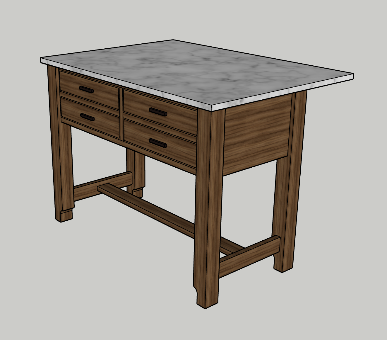 A wooden kitchen island with four drawers and a marble countertop.