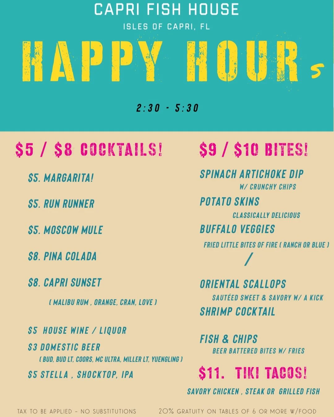 HAPPY HOUR — The Capri Fish House
