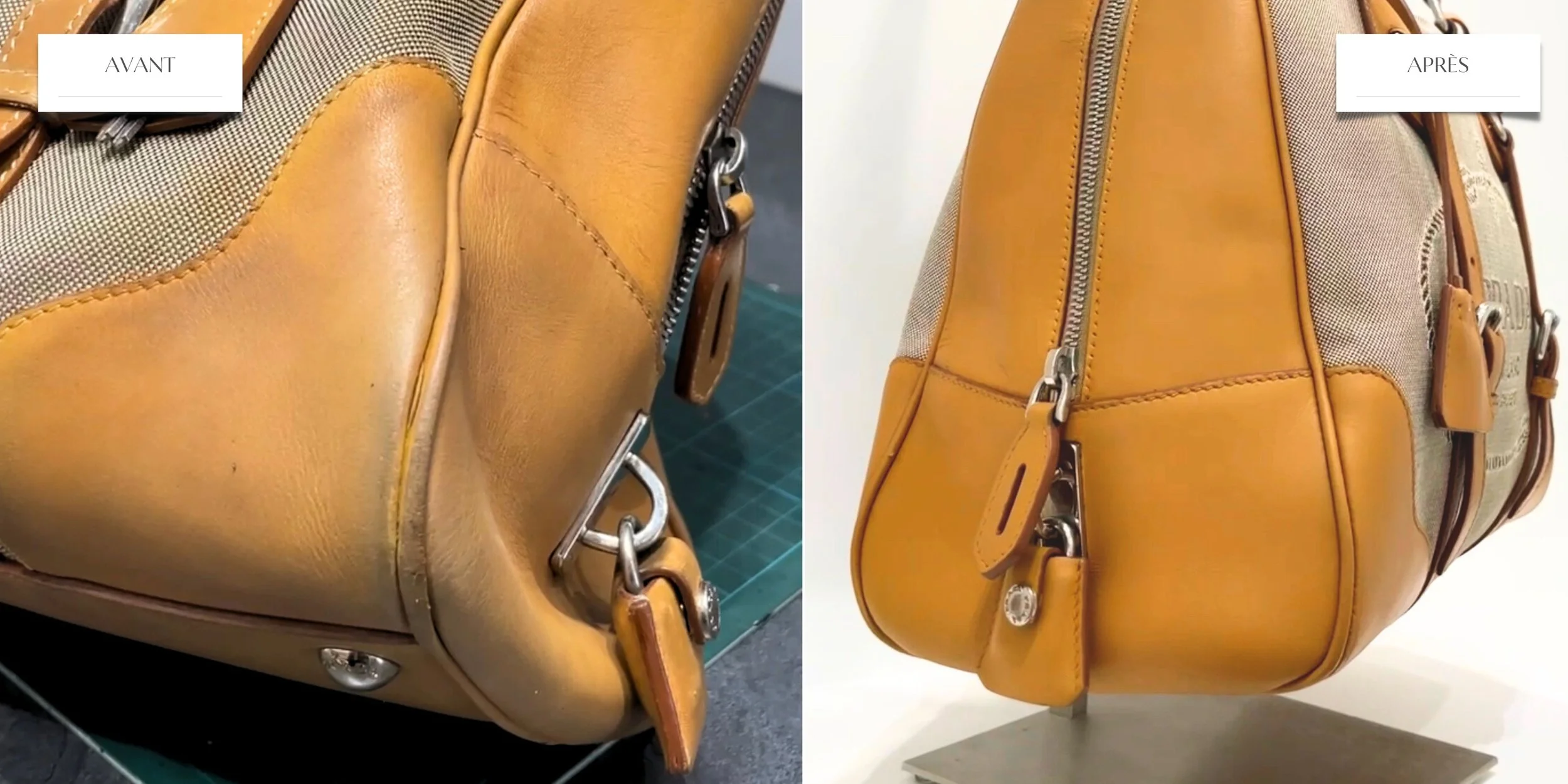 Comparison of a leather handbag before and after cleaning, showing the bag on the left with stains and dirt, and on the right with a clean, restored appearance.
