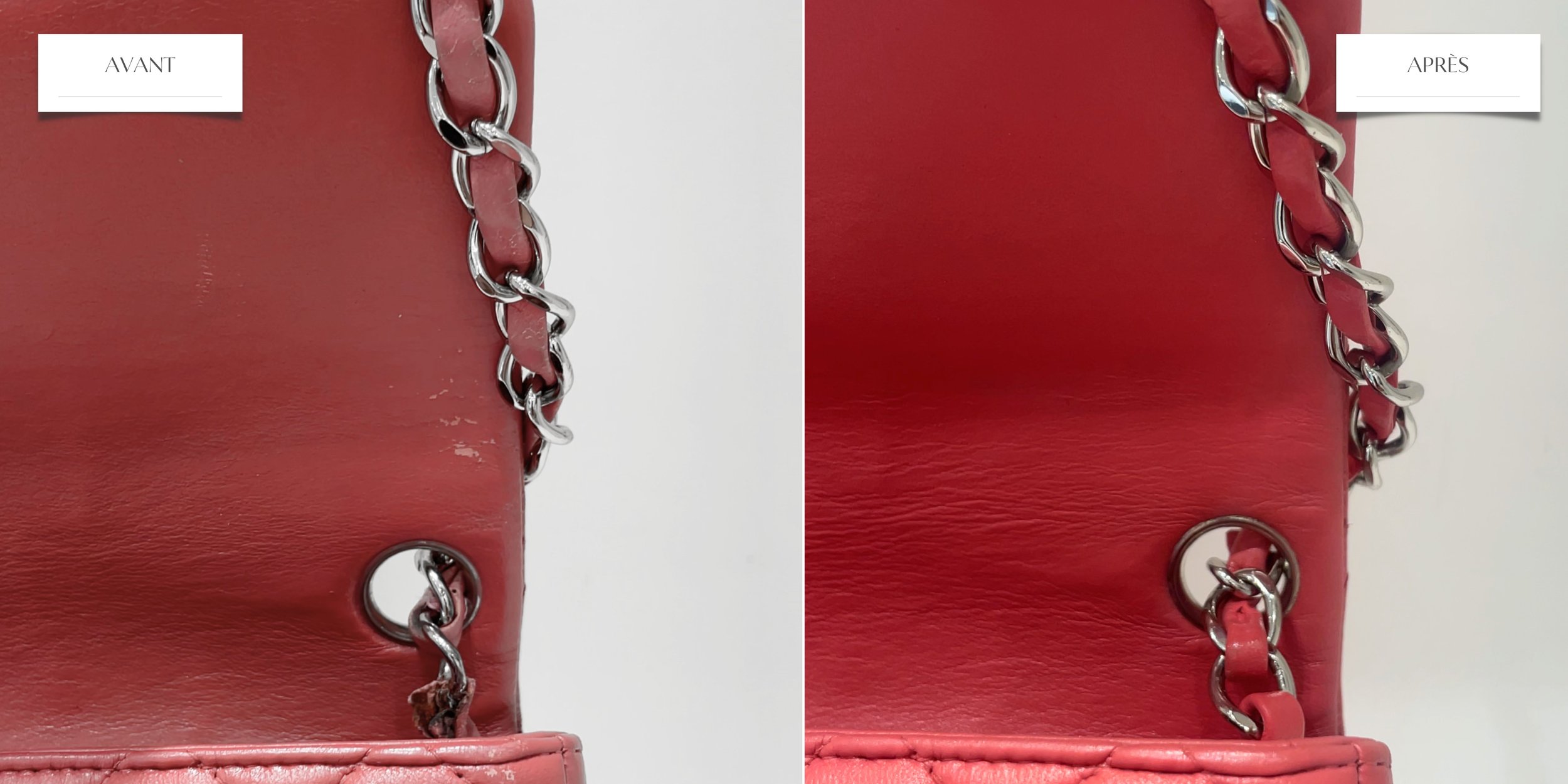 Réparation anse cassée sac Chanel mini en Cuir Rose