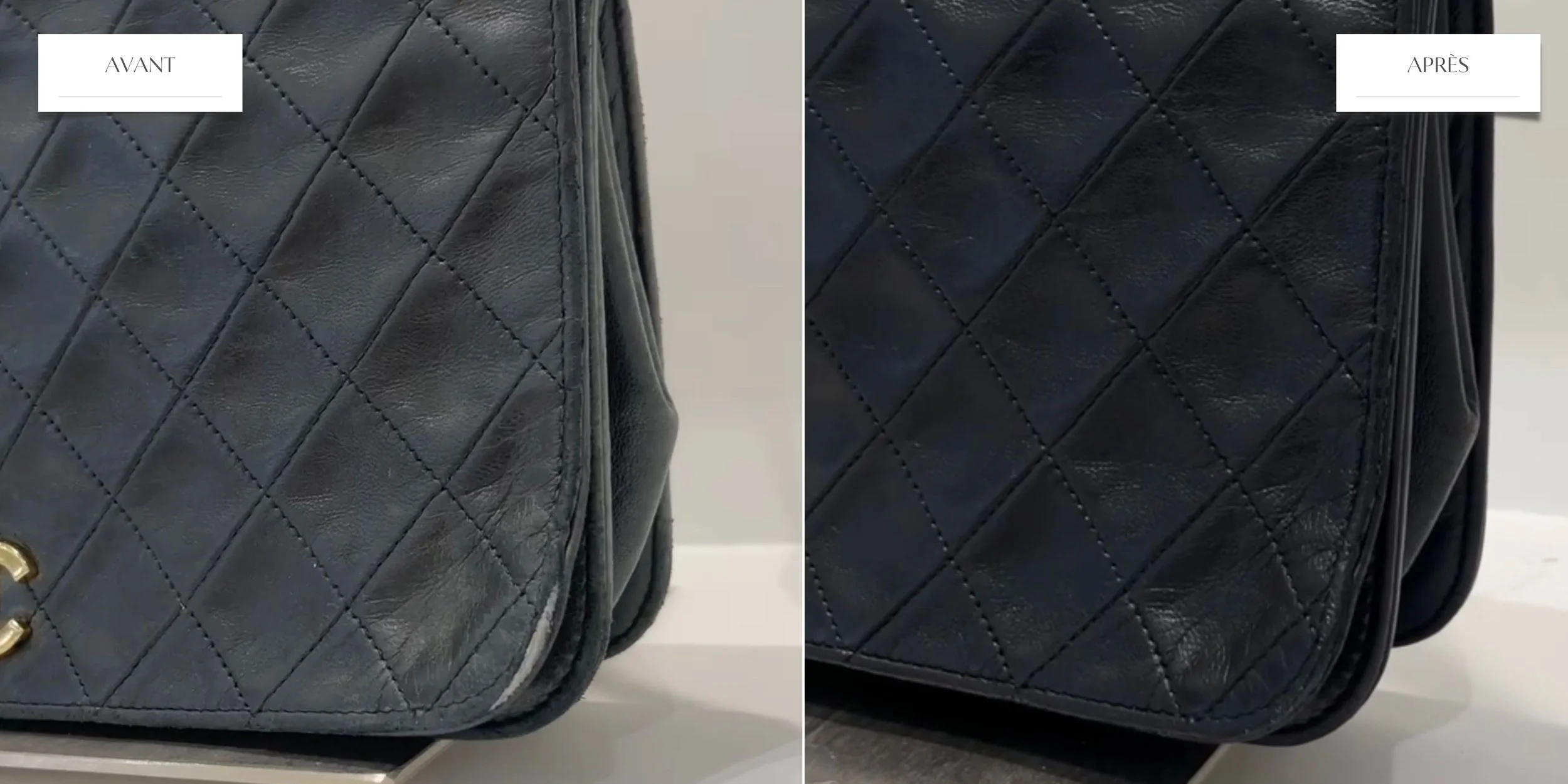 Comparaison avant et après d'un sac en cuir noir avec une couture en diamant, montrant des taches et des dégradations sur la partie avant, puis une surface propre et réparée après nettoyage ou réparation.