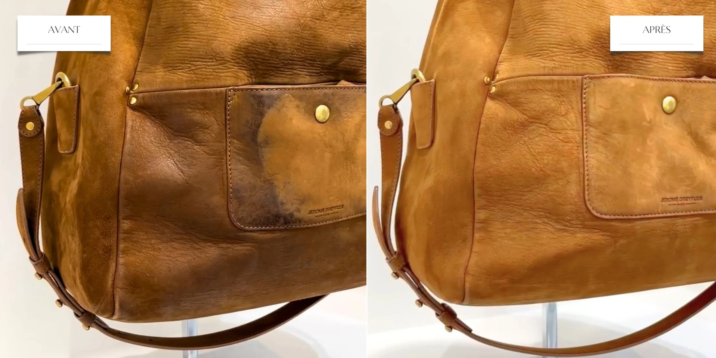 Sac en cuir marron avant et après nettoyage, montrant une différence de couleur et de texture.