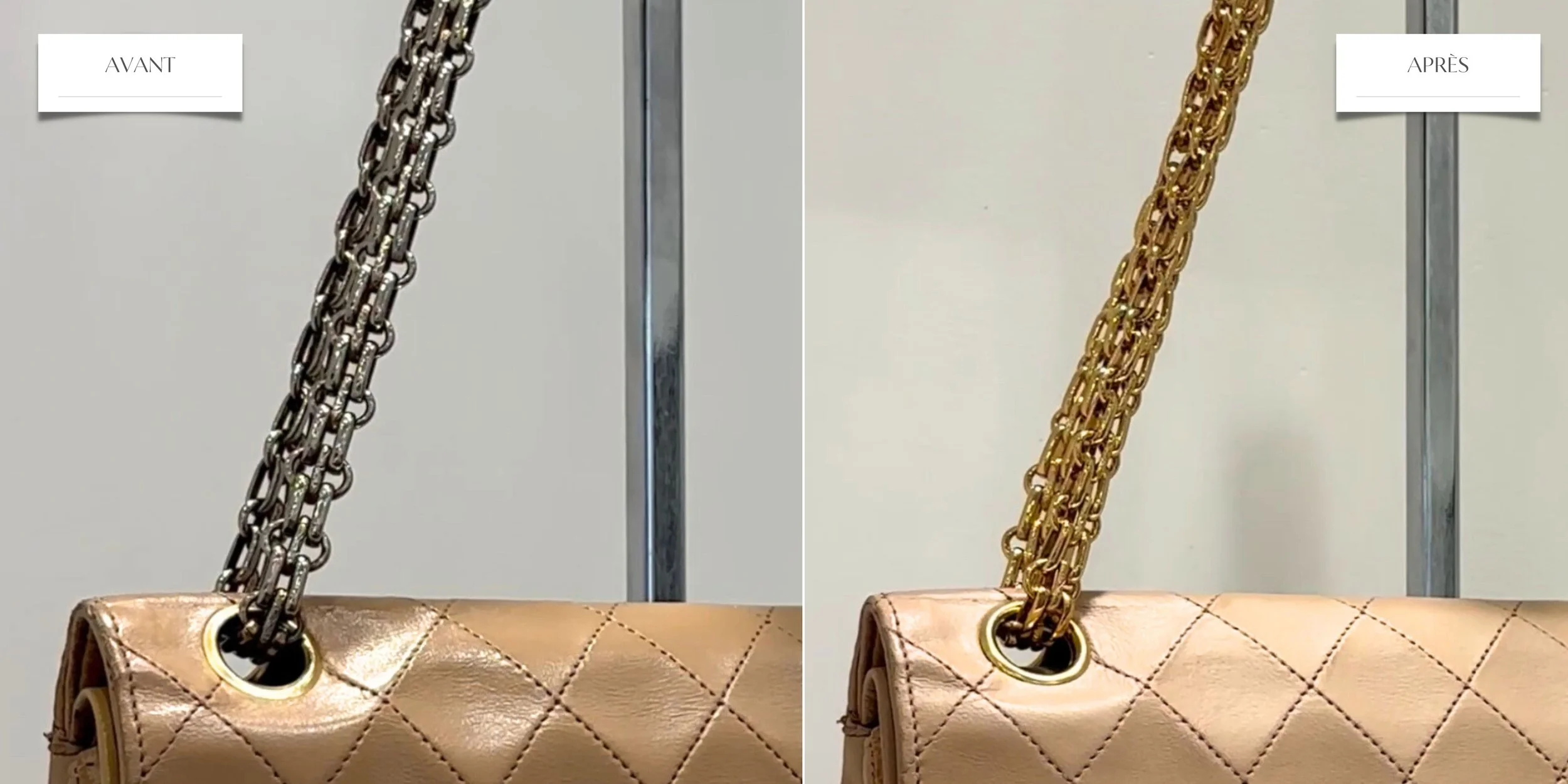 Comparaison d'un sac à main en cuir avec chaînette en métal argenté avant et après une restauration ou un changement de couleur, avec mot 'AVANT' sur le côté gauche et 'APRES' sur le côté droit.