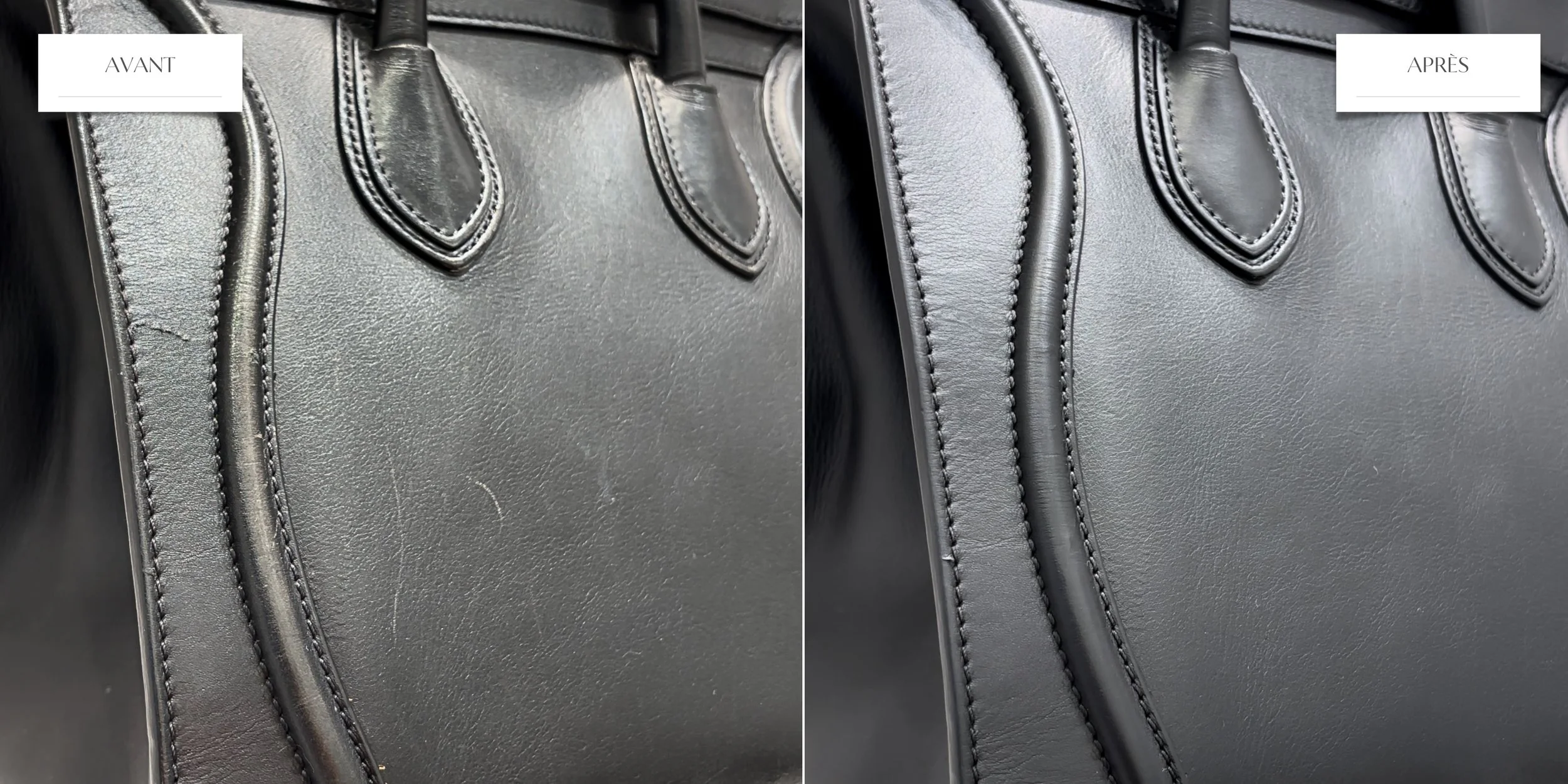 Comparaison avant et après d'un nettoyage de sac en cuir noir, montrant une surface plus propre et plus lisse après le traitement.
